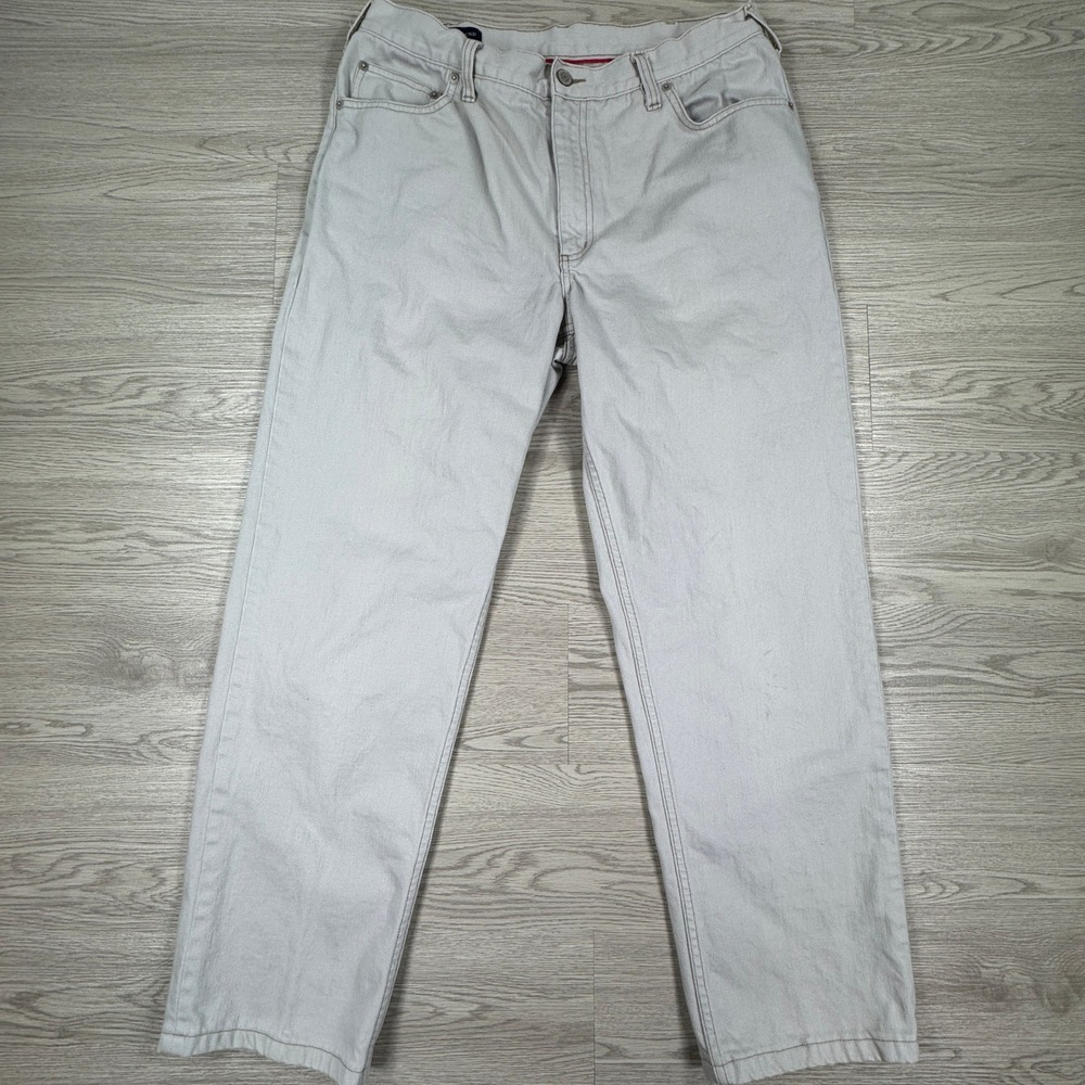 Lands' End Men's Pants Square Rigger Light Gray/Cream 35 Straight Leg Cotton
